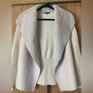 21 Main Knit Sweater Jacket with Faux Fur & Faux Suede in Cream Size Medium